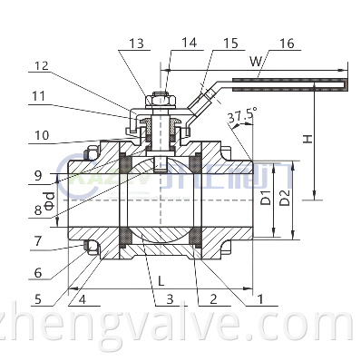 Three - piece butt welding ball valve Drawing